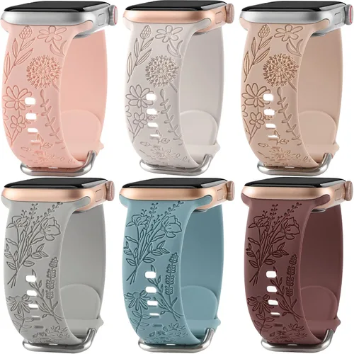 Vista 9 de Paquete de 6 correas de silicona grabadas con estampado floral compatibles con Apple Watch de 1.575 in 1.614 in 1.496 in 1.654 in 1.732 in 1.772 in