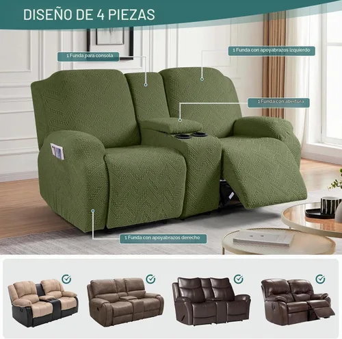 Vista 4 de Ruaozz - Funda elástica para sofá biplaza reclinable con consola, color verde militar