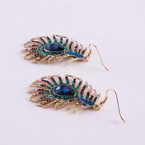 Vista 3 de Frogwill Pendientes colgantes de cristal para mujer con diseño de plumas de pavo real