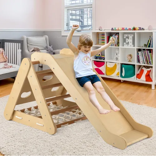 Vista 8 de HONEY JOY Escalador triangular 4 en 1 con rampa, escalera triangular de 3 lados para niños con cuerda de red y barras, juguetes de escalada Natural