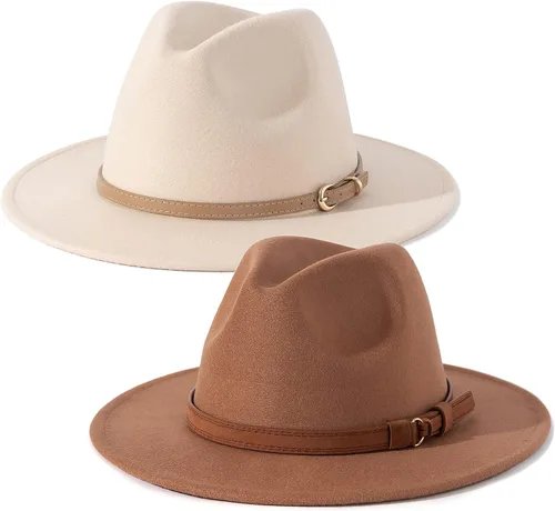 Vista 8 de Lisianthus Paquete de 2 Sombreros Fedora Clásicos de Ala Ancha con Hebilla de Cinturón para Hombre y Mujer Conjunto 1