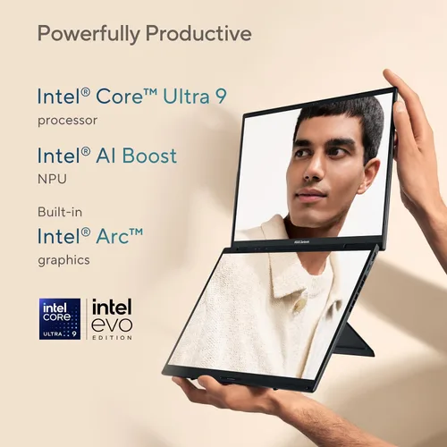 Vista 3 de ASUS Zenbook Duo portátil, pantalla táctil OLED 3K 120Hz dual de 14 pulgadas, Evo, Intel Core Ultra 9 285H, gráficos Intel Arc, 32 GB de RAM, SSD