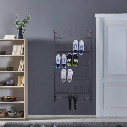 Vista 2 de MyGift Soporte organizador de almacenamiento de zapatos de entrada de metal negro de 18 pares y estante de zapatos de 36 ganchos montado en la pared
