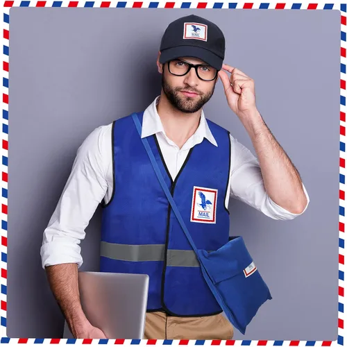 Vista 7 de Hicarer Disfraz de cartero para adultos, kit de portador de correo para adultos, disfraz de Halloween para adultos, juego de accesorios postales