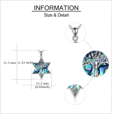 Vista 4 de Collar con colgante de árbol de la vida de plata de ley 925 con concha de abulón, luna, cruz, estrella de David