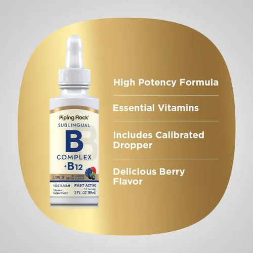 Vista 4 de Piping Rock Complejo de vitamina B con B12 Gotas líquidas 1200 mcg 2oz Suplemento sublingual Sabor a bayas Vegetariano, sin OMG, sin gluten