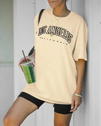 Vista 3 de Dressmine Camisetas de gran tamaño para mujer, de Los Ángeles, California, cuello redondo, media manga, camisetas gráficas casuales