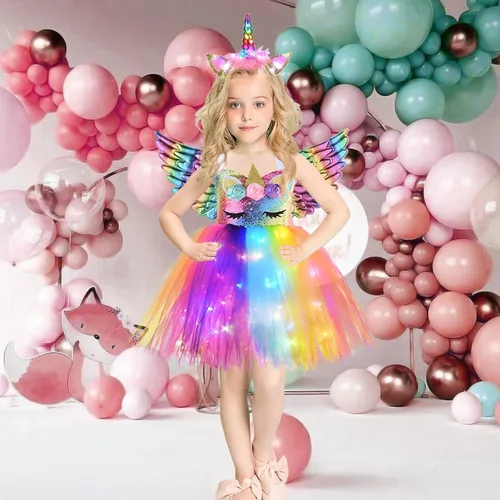 Vista 5 de NSSONBEN Girls Sequin Unicorn Custome LED Light Up Onesie Tutu Dress Birthday Gifts Halloween Costume with Headband and Wings