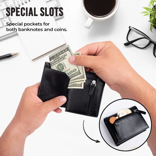 Vista 6 de Cartera para tarjetas de crédito, bolsillo frontal con bloqueo RFID, tarjetero con ranura para tarjetas emergentes, ventana de identificación