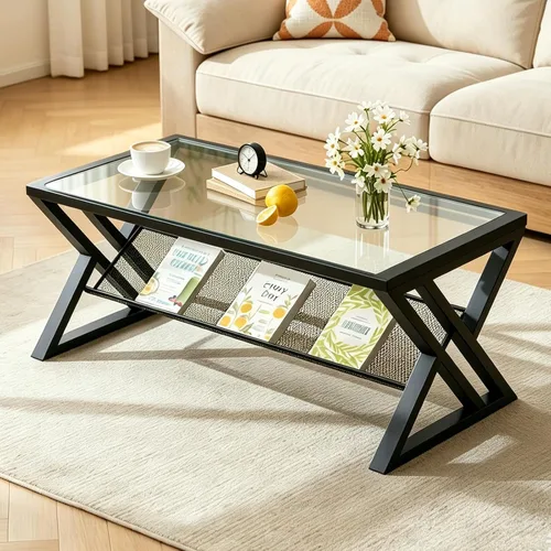 Vista 13 de Wolawu - Mesa de café para sala de estar, mesa central negra, mesa de té rectangular moderna y simple de mármol falso con marco de metal acabado