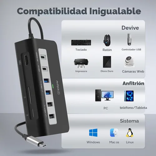 Vista 9 de P9 USB C Hub, INTPW 9-en-1 Adaptador USB Multipuerto con HDMI 4K, PD 100W, USB-C y 2 USB A 3.0 5Gbps, 2 USB A 2.0, Lector de Tarjetas SD/TF, Hub USB