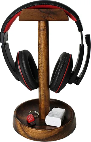 Vista 11 de Soporte dual para auriculares, soporte de madera de acacia para 2