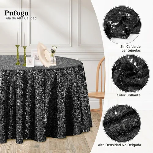 Vista 3 de Pufogu Mantel redondo de lentejuelas negras de 50 pulgadas con purpurina negra para decoración de cumpleaños, boda, despedida de soltera, baby Negro