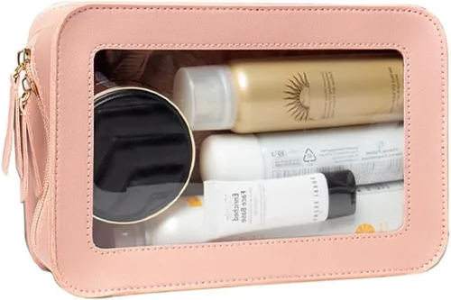 Vista 5 de Paquete de 2 bolsas de maquillaje transparentes para viaje, neceser aprobado por la TSA con cremallera, pequeñas bolsas de maquillaje para mujeres