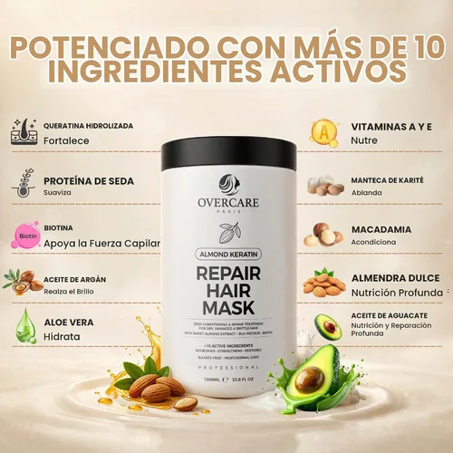 Vista 4 de OVERCARE Mascarilla capilar de queratina de almendras para cabello seco dañado, tratamiento reparador de acondicionamiento profundo para cabello