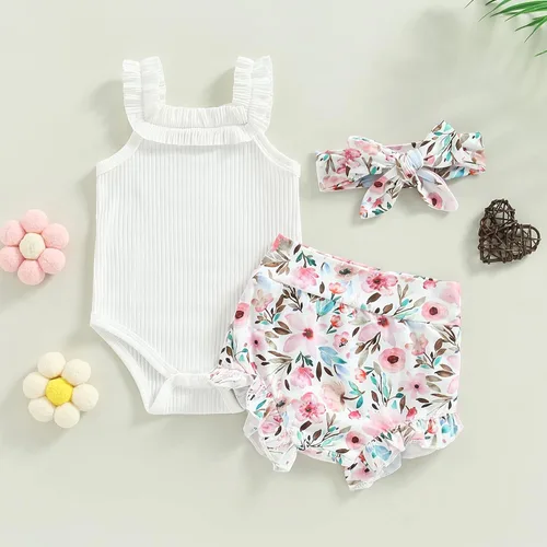 Vista 48 de TheFound Trajes de verano para niñas pequeñas, sin mangas, de punto acanalado, halter, pantalones cortos, ropa para recién nacidos, conjunto de 3