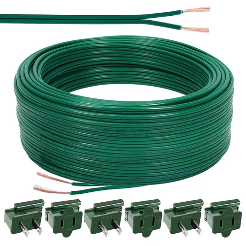 Vista 9 de Cable eléctrico de Navidad SPT-1 de 60 pies con 6 enchufes de vampiro, cable de calibre 18, cable eléctrico de 2 conductores, cable de bajo voltaje