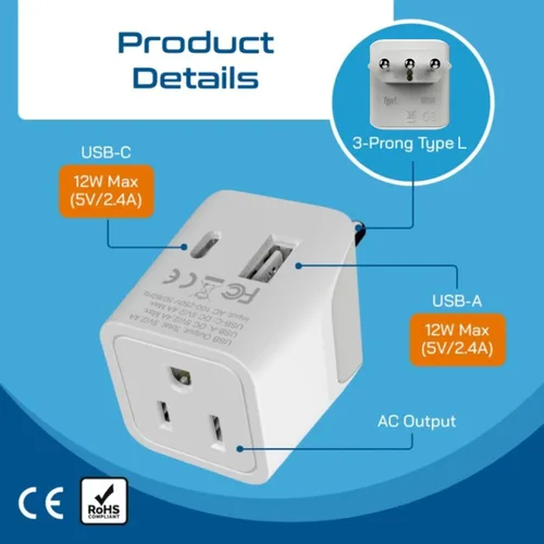 Vista 5 de Adaptador de viaje Ceptics, de EE. UU. a Japón, Filipinas, con doble USB, tipo A, ultra compacto Tipo L - Italia
