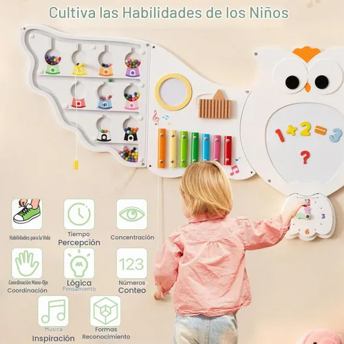 Vista 5 de Olakids Pared Sensorial de Búho, Panel de Tablero Ocupado Montessori de Madera 11 en 1 con Pizarra Blanca Magnética Espejo 26 Accesorios, Centro