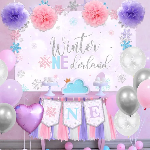 Vista 6 de Decoraciones de cumpleaños de invierno Onederland para silla de bebé, cartel de primer cumpleaños para niñas, decoración para silla de bebé