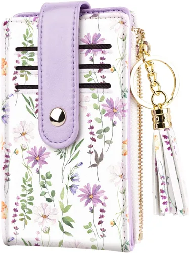 Vista 2 de Cartera delgada para mujer, con bloqueo RFID, de cuero, con múltiples tarjetas, con borla, bolsillo para monedas, Margarita Blanca