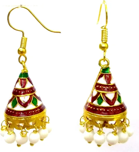 Vista 2 de DESI HAWKER Meenakari Minakari esmalte pintura oro hecho a mano pendiente Bali Jhumki Jhumka joyería étnica gota cuelga lámpara NI-333