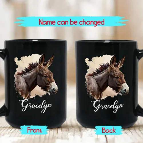 Vista 2 de Tazas de café Mule personalizadas para hombres y mujeres, regalos personalizados de burro y caballo de cerámica negra, regalos para amantes