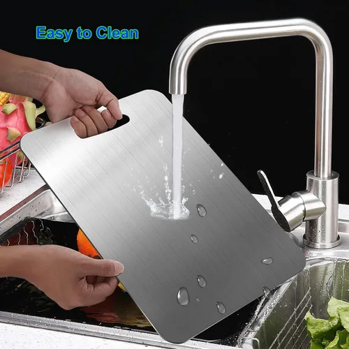 Vista 4 de [Usado] Tabla de cortar de acero inoxidable para cocina, tabla de cortar de acero inoxidable 304, tabla de cortar de metal con acabado de borde