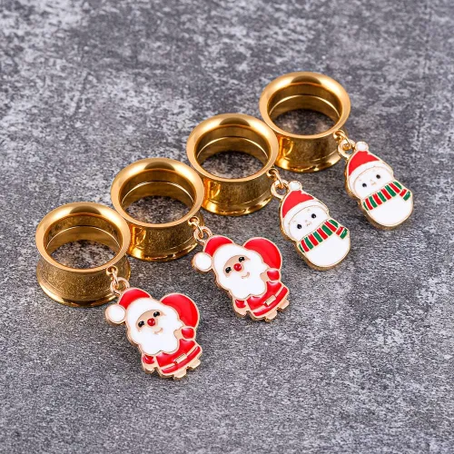 Vista 5 de PUNKYOUTH Christmas Style Gold Dangle Ear Gauges Double Flared Plugs Tunnels Stainless Steel Screw Back Earrings Santa Claus Snowman Gauge 2g to 1