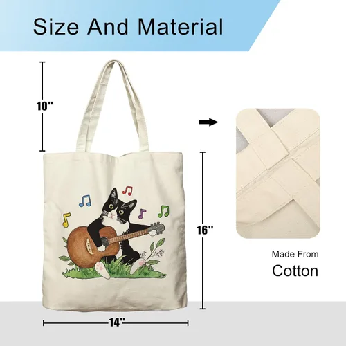 Vista 6 de Dlzdn Bolsa de lona con diseño de gato con música para mujeres, estética, divertida, bonita, esmoquin, gato, jugando a la guitarra, bolsa