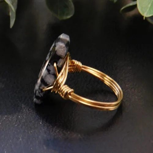 Vista 4 de Black Snowflake Obsidian Rectangle Gemstone Bead in Sterling Silver or 14kt Yellow or Rose Gold Filled Wire Band- Handmade Wire Wrapped Ring- Made