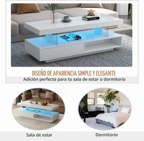 Vista 6 de LUMISOL Mesa de centro rectangular LED con cajón y estante, color blanco