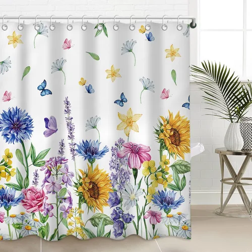 Vista 8 de Moutina Juego de cortinas de ducha de flores silvestres para baño, decoración de baño de primavera y verano, 72 x 72 pulgadas, cortina de ducha