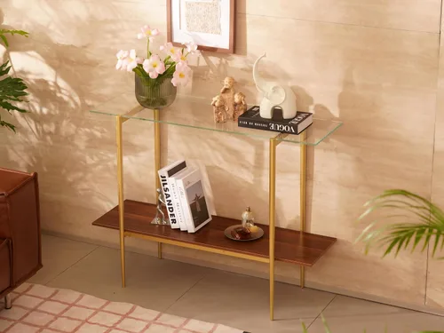 Vista 10 de Mesa consola de vidrio para sala de estar, vestíbulo y entrada, mesa de sofá moderna de mediados de siglo de 2 niveles con parte superior de vidrio