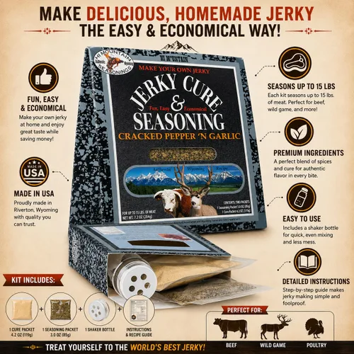 Vista 3 de Hi Mountain Kit de curación y condimento de cecina - Mezcla de pimienta y ajo agrietada Bold pepper and garlic flavor, jerky seasoning for beef