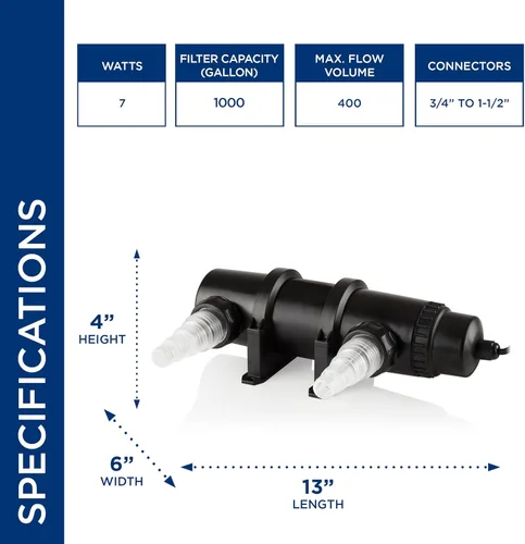 Vista 3 de Alpine Corporation PLUV1000 - Clarificador UV de 4 pulgadas de alto y 7 vatios diseñado para uso fuera del agua