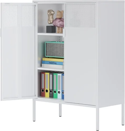 Vista 49 de Gabinete de almacenamiento de metal ancho negro, gabinete de acento de 2 puertas para el hogar y la oficina, gabinete de metal bajo de 2 niveles