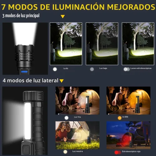 Vista 4 de Linternas Recargables de Alto Lúmenes, 7Modo Super Brillante para Acampar, Luz Táctil Ajustable de Alta Potencia, Linternas LED para Emergencias