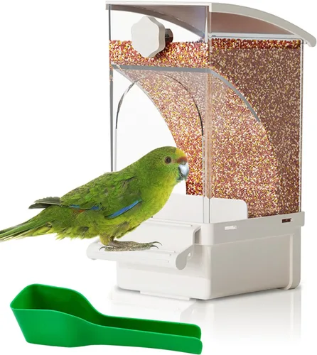 Vista 12 de Hamiledyi Comedero automático para pájaros sin ensuciar, contenedor de comida de semillas de loro acrílico transparente con jaula de perca