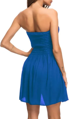 Vista 5 de pasidvy Vestido de verano para mujer, con lazo y hombros fruncidos, parte superior de tubo, acampanado, para playa, mini vestido 05