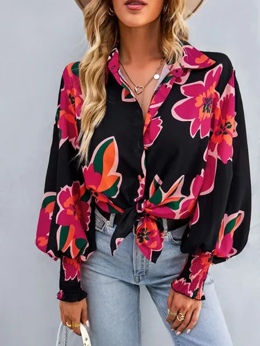 Vista 2 de Camisa estampada elástica para mujer, con estampado floral, de manga larga, con botones, para mujer