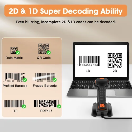 Vista 2 de Symcode Escáner de código de barras Bluetooth 2D QR con soporte de carga, industrial a prueba de polvo e impermeable 3 en 1 compatible con Bluetooth