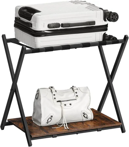 Vista 9 de HOOBRO Portaequipajes plegable, soporte para maleta con estante de almacenamiento de madera, soporta hasta 110 libras, 27.2 x 15.7 x 24 pulgadas