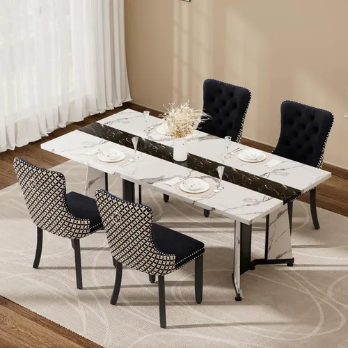Vista 21 de Juego de mesa de comedor de 5 piezas con 4 sillas, mesa de comedor rectangular de madera de 71 pulgadas con sillas de comedor de terciopelo, tablero