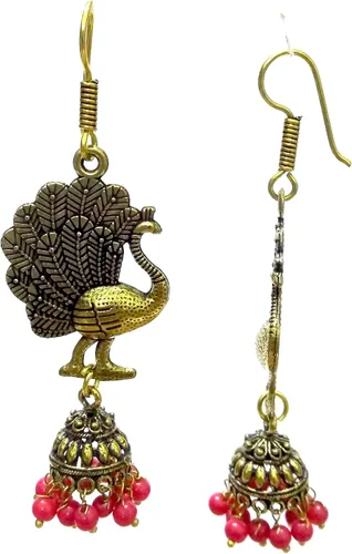 Vista 2 de Pendientes oxidados de oro Bali Jhumki Jhumka Joyería Bollywood Drop Cuelga Araña Pavo Real NI-168, Metal