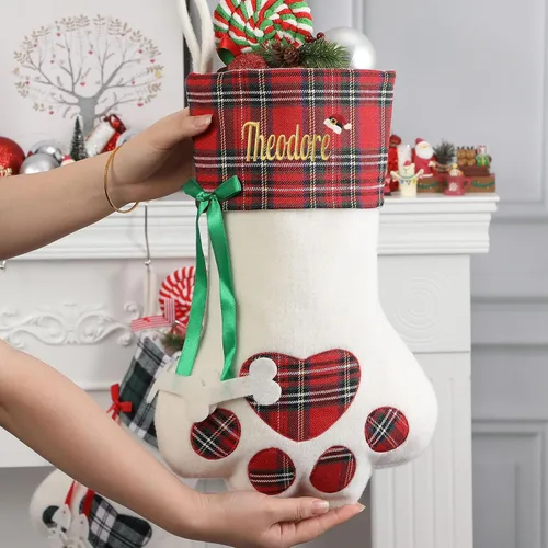 Vista 8 de 1 Pack Personalized Christmas Stockings for Kids,Custom Embroidered Name+Logo Pattern Burlap Plaid 3D Xmas Stockings 18'',Family Decoration 3d-04