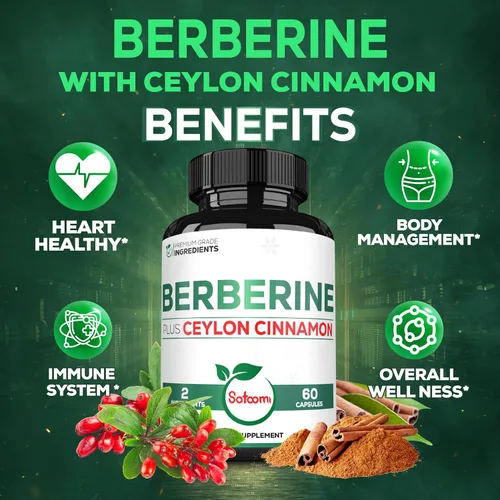 Vista 5 de Satoomi Suplemento de berberina de 1500 mg con canela de Ceilán, extra fuerte para el sistema inmunológico, la salud digestiva, el manejo del cuerpo