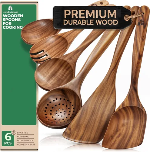 Vista 11 de Cucharas de madera para cocinar: juego de utensilios de cocina de teca
