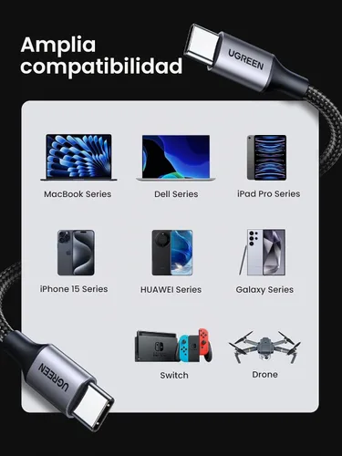 Vista 4 de UGREEN Cable USB C a USB C de 3.3 pies, 60 W, paquete de 2 cables USB C de nailon trenzado tipo C para iPhone 17/16, Galaxy S25/S24/S23, Pixel 10/9