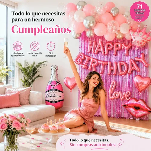 Vista 2 de Vidal Crafts - Decoraciones de cumpleaños rosadas, 71 piezas de decoraciones de feliz cumpleaños con globos de látex, papel de aluminio y confeti
